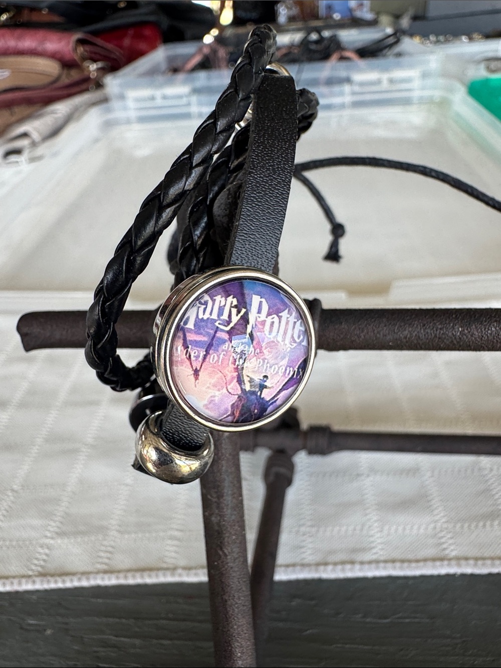 Harry Potter Black Braided Leather Bracelet with Phoenix Art